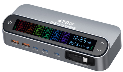 Incarcator Statie Cu Cablu USB-C OEM LCD470W, 470W, 5A, 2 x USB-A - 3 x USB-C, Gri