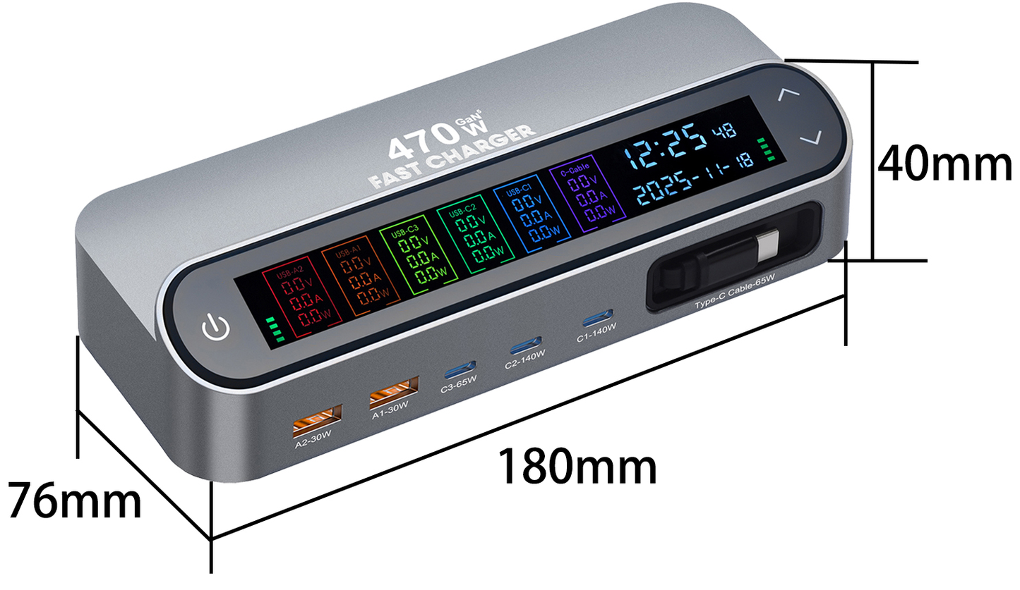 Incarcator Statie Cu Cablu USB-C OEM LCD470W, 470W, 5A, 2 x USB-A - 3 x USB-C, Gri