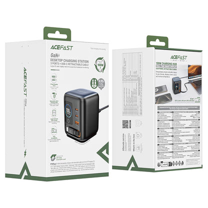 Incarcator Statie Cu Cablu USB-C Acefast Z10, 100W, 1 x USB-A - 2 x USB-C, Negru