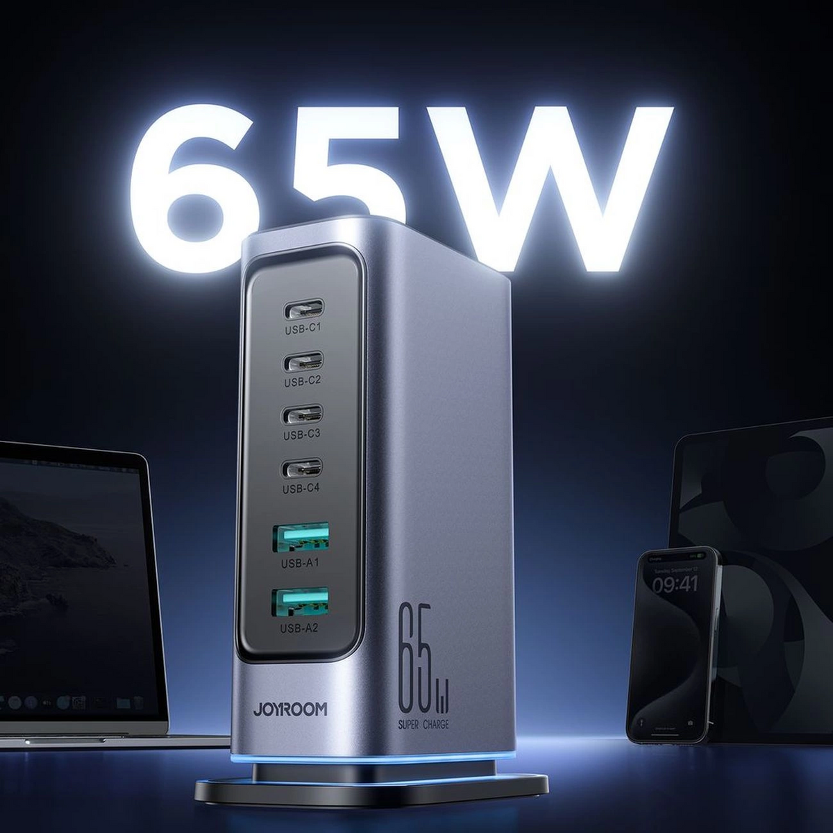 Incarcator Statie Joyroom JR-TCM02 UK, 65W, 3.25A, 2 x USB-A - 4 x USB-C, Gri