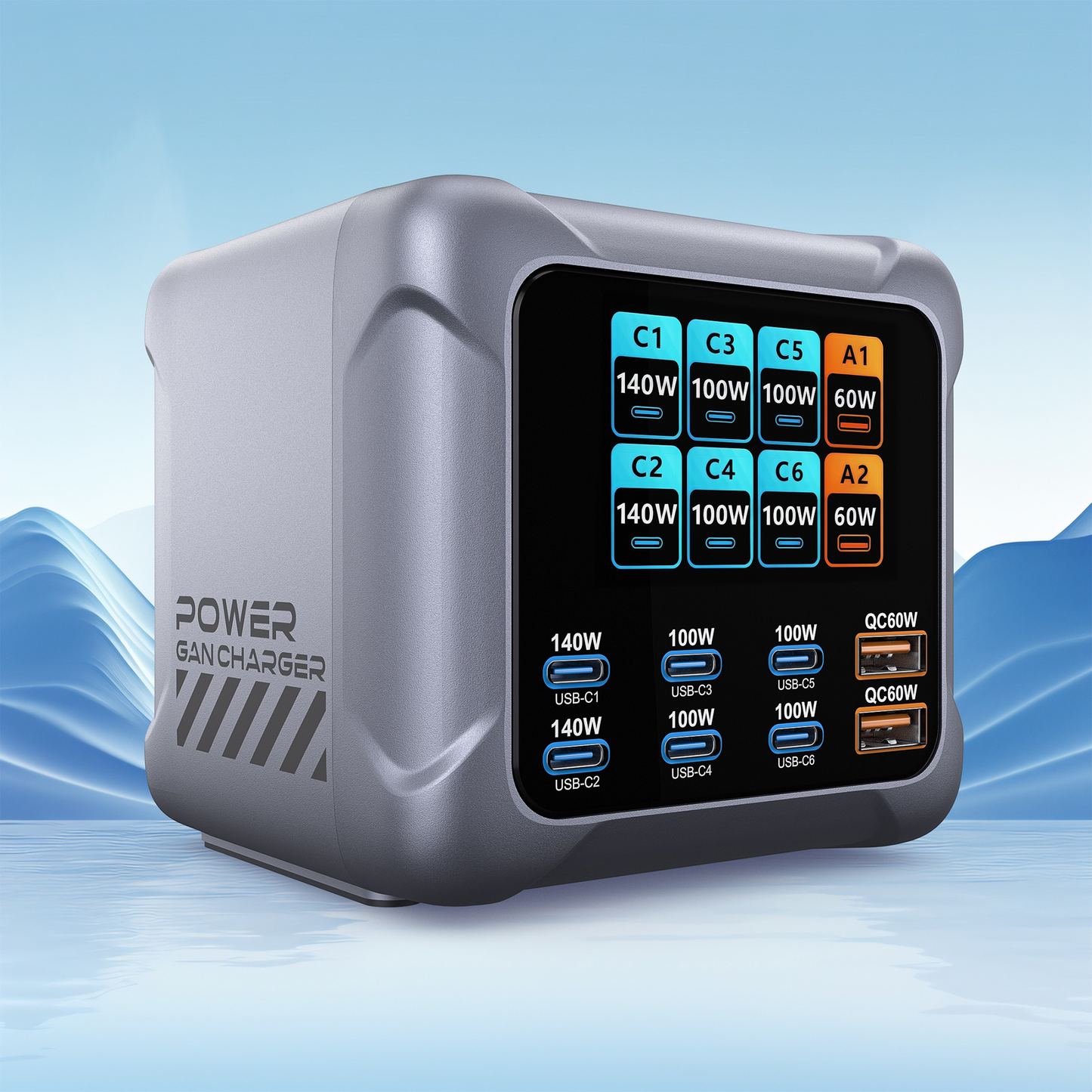 Incarcator Statie OEM BK-126D, 140W, 5A, 2 x USB-A - 6 x USB-C, Gri