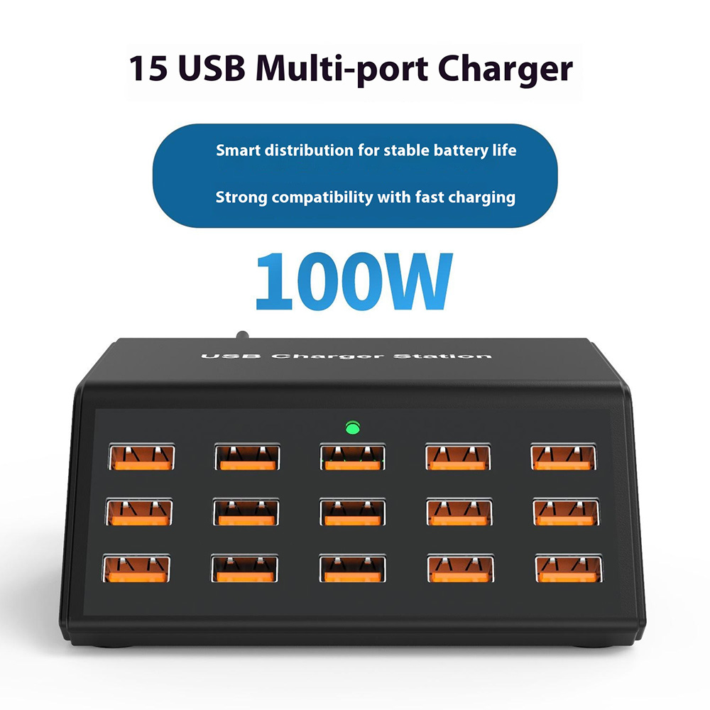 Incarcator Statie OEM HW15, 100W, 2A, 15 x USB-A, Negru