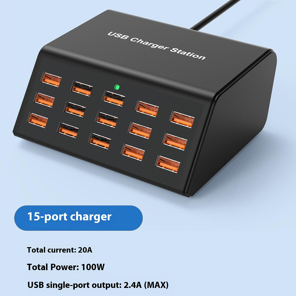 Incarcator Statie OEM HW15, 100W, 2A, 15 x USB-A, Negru