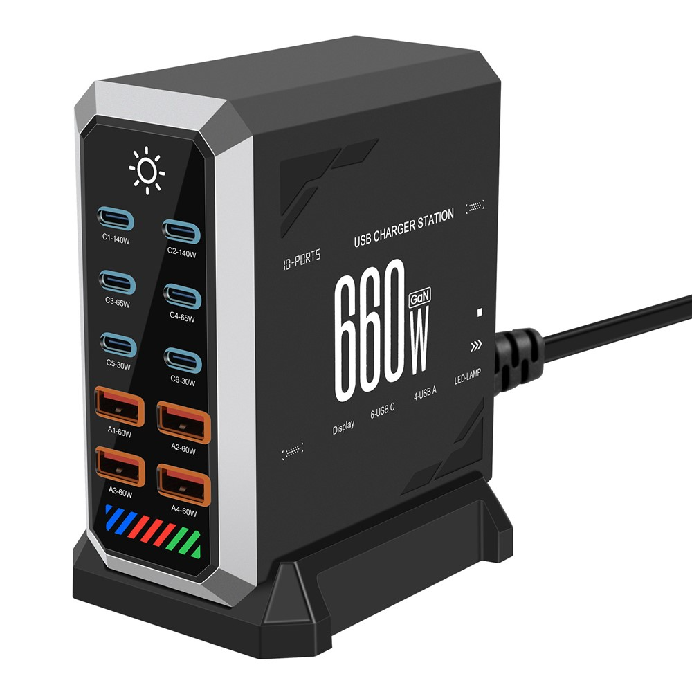 Incarcator Statie OEM HW18, 660W, 5A, 4 x USB-A - 6 x USB-C, Negru