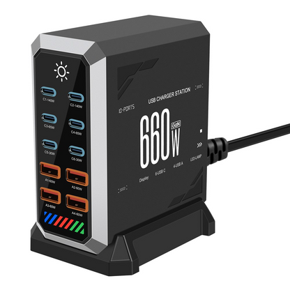 Incarcator Statie OEM HW18, 660W, 5A, 4 x USB-A - 6 x USB-C, Negru
