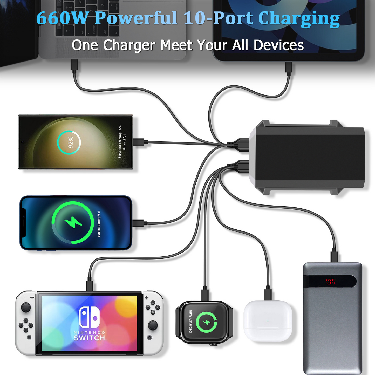 Incarcator Statie OEM HW18, 660W, 5A, 4 x USB-A - 6 x USB-C, Negru