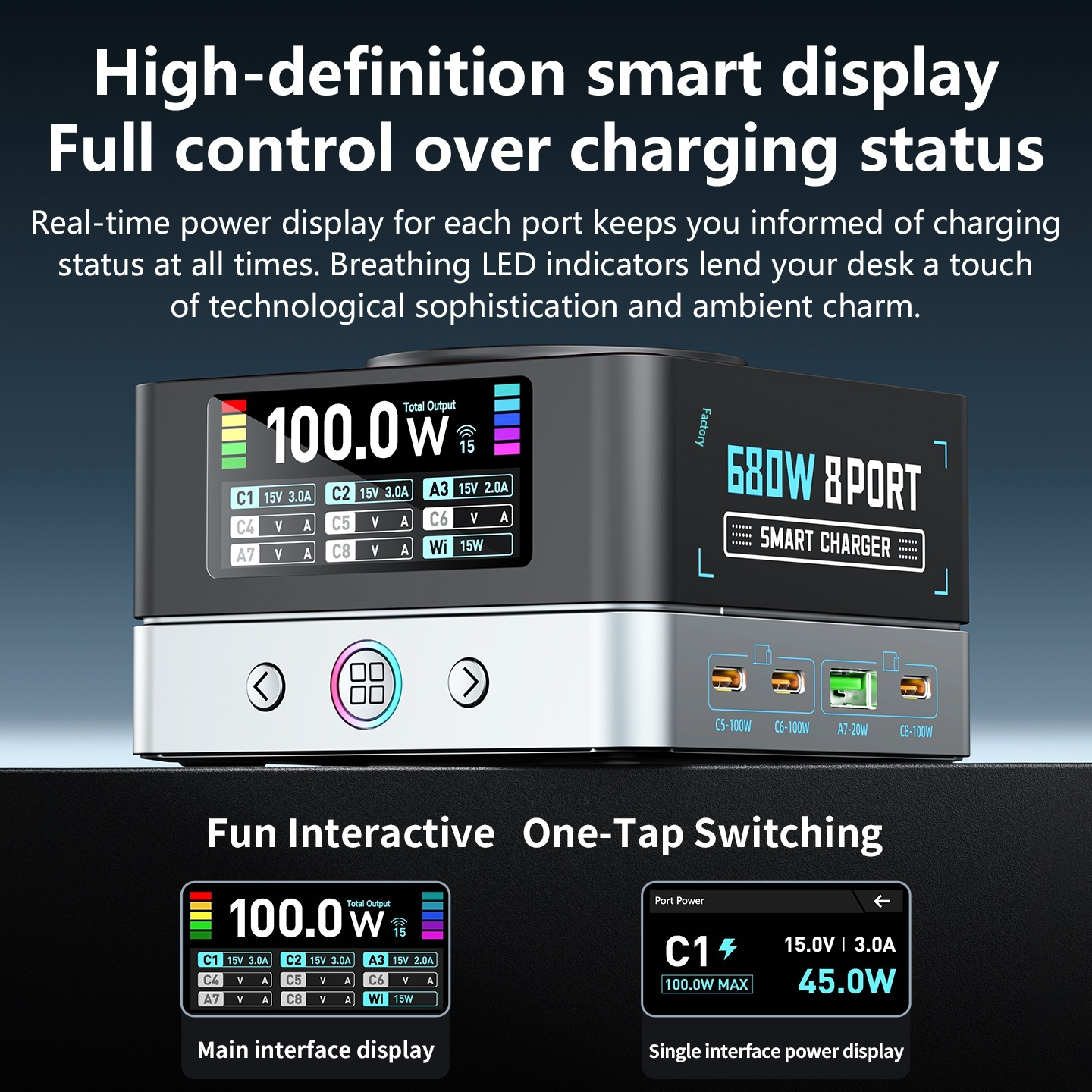 Incarcator Statie OEM WLX-R8A QI, 140W, 5A, 2 x USB-A - 6 x USB-C, Gri