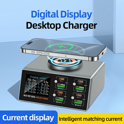 Incarcator Statie OEM WLX-X9S QI, 140W, 3A, 4 x USB-A - 4 x USB-C, Argintiu