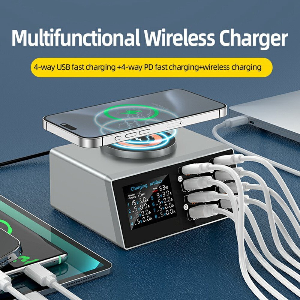 Incarcator Statie OEM WLX-X9S QI, 140W, 3A, 4 x USB-A - 4 x USB-C, Argintiu