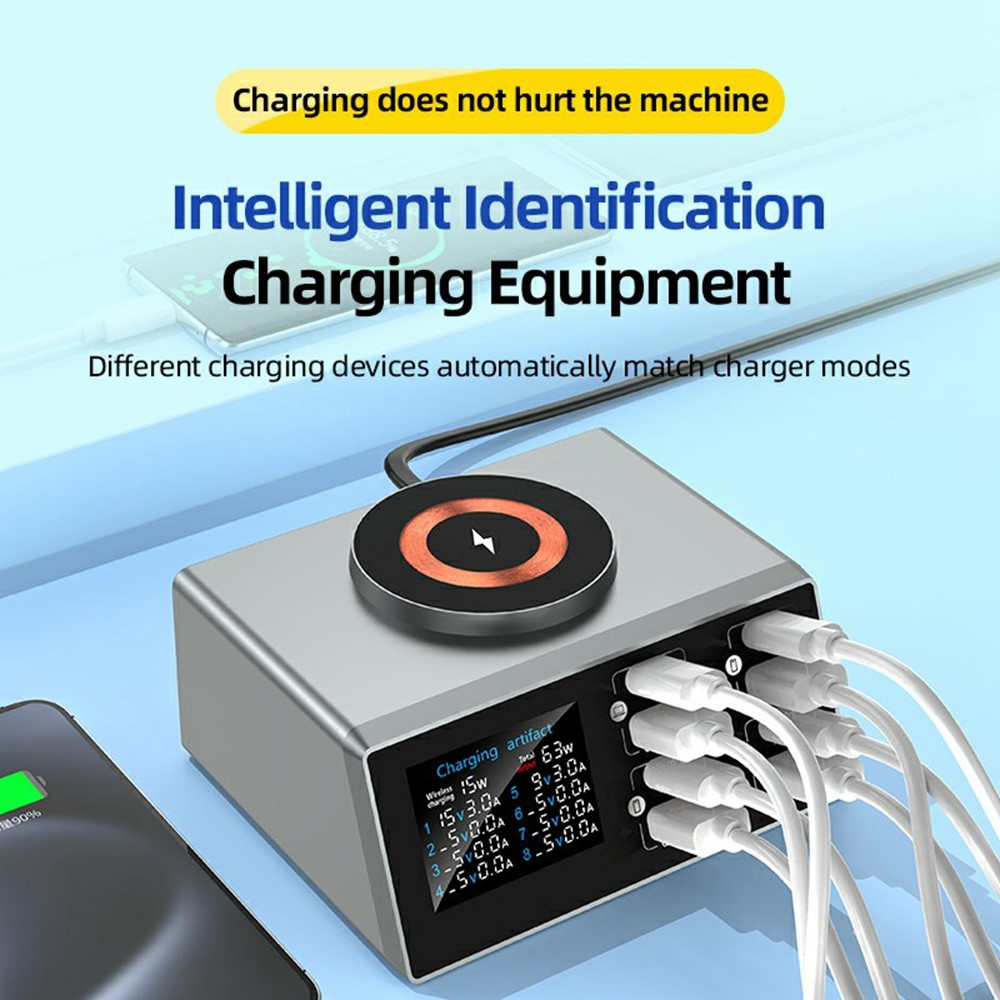 Incarcator Statie OEM WLX-X9S QI, 140W, 3A, 4 x USB-A - 4 x USB-C, Argintiu
