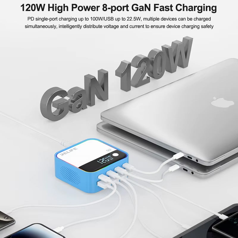 Incarcator Statie Relife Q2, 120W, 5A, 4 x USB-A - 4 x USB-C, Argintiu