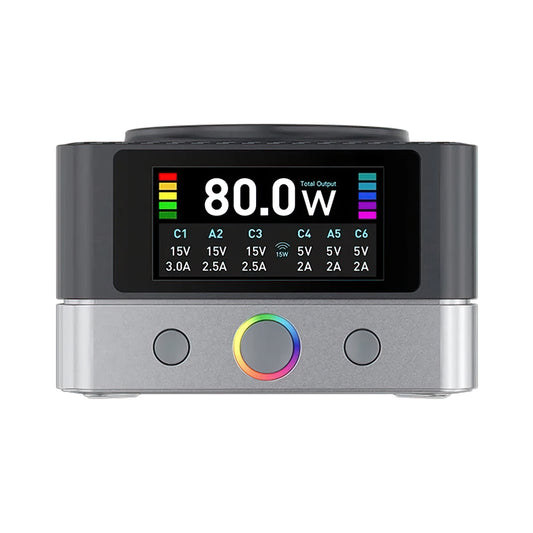 Incarcator Statie Relife Q7 QI, 80W, 3.25A, 2 x USB-A - 4 x USB-C, Gri