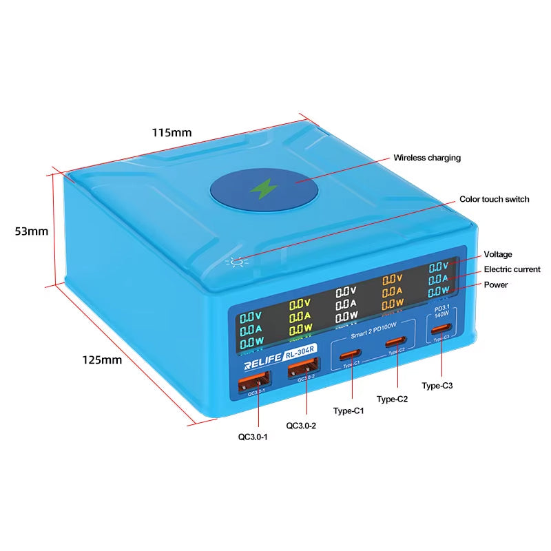 Incarcator Statie Relife RL-304R QI, 260W, 3A, 2 x USB-A - 3 x USB-C, Albastru