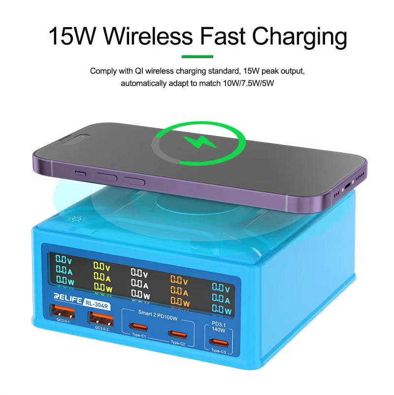 Incarcator Statie Relife RL-304R QI, 260W, 3A, 2 x USB-A - 3 x USB-C, Albastru