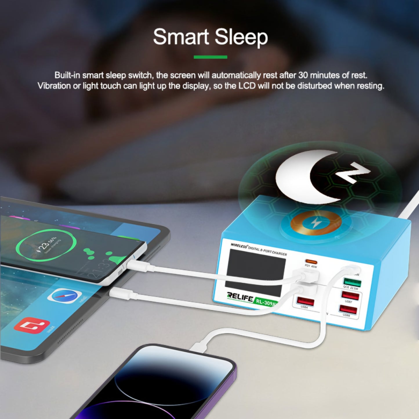 Incarcator Statie Relife RL-309AW, 100W, 5A, 2 x USB-C - 6 x USB-A, Albastru