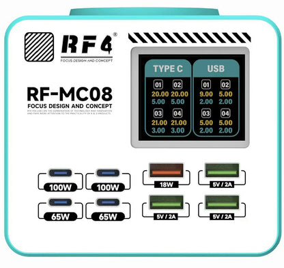 Incarcator Statie RF4 RF-MC08, 150W, 5A, 4 x USB-A - 4 x USB-C, Turcoaz