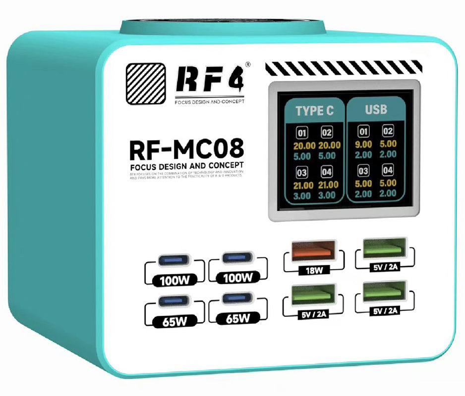 Incarcator Statie RF4 RF-MC08, 150W, 5A, 4 x USB-A - 4 x USB-C, Turcoaz
