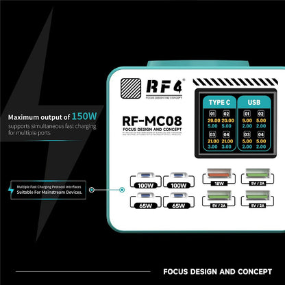 Incarcator Statie RF4 RF-MC08, 150W, 5A, 4 x USB-A - 4 x USB-C, Turcoaz