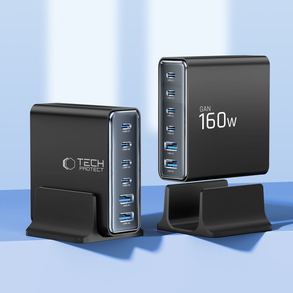 Incarcator Statie Tech-Protect DC160W-GAN, 160W, 5A, 2 x USB-A - 4 x USB-C, Negru