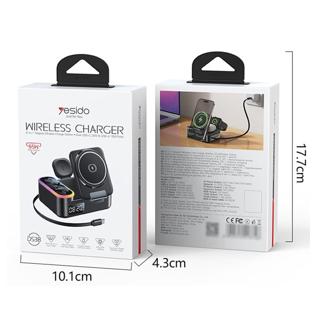 Incarcator Statie Yesido DS38 Display QI 3in1, 65W, 3A, 1 x USB-A  - 2 x USB-C, Negru