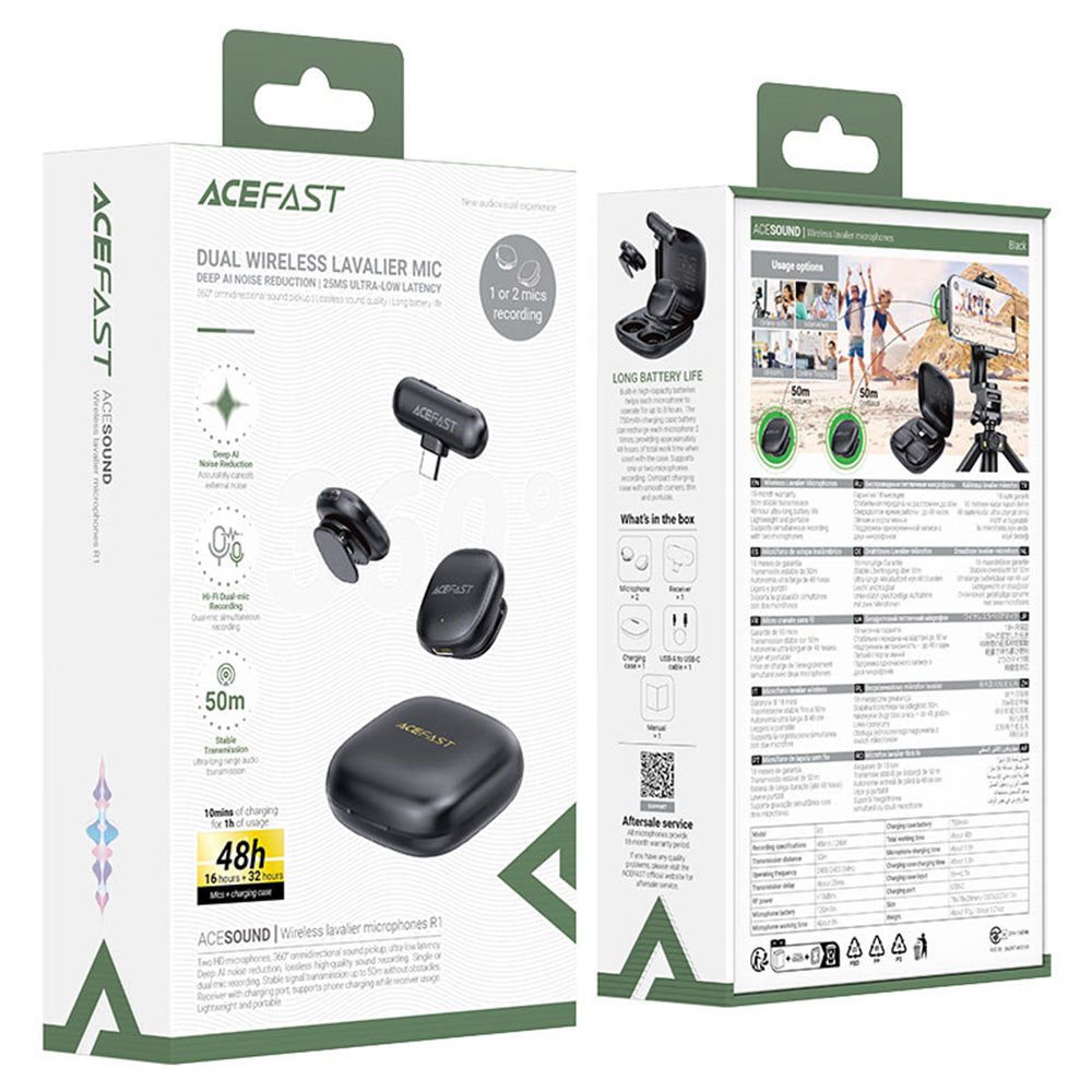 Lavaliera Acefast R1, USB-C, Set 2 bucati, Neagra