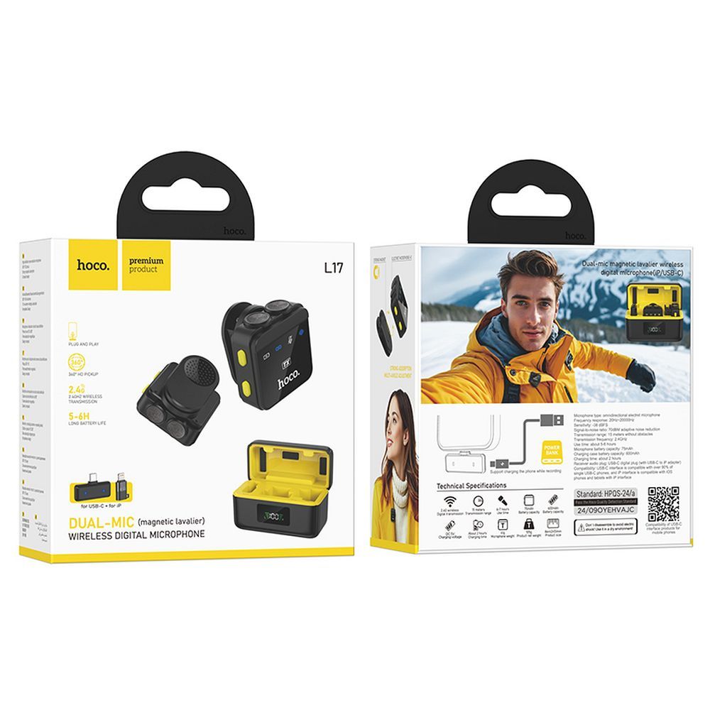 Lavaliera HOCO L17, USB-C / Lightning, Set 2 Bucati, Neagra