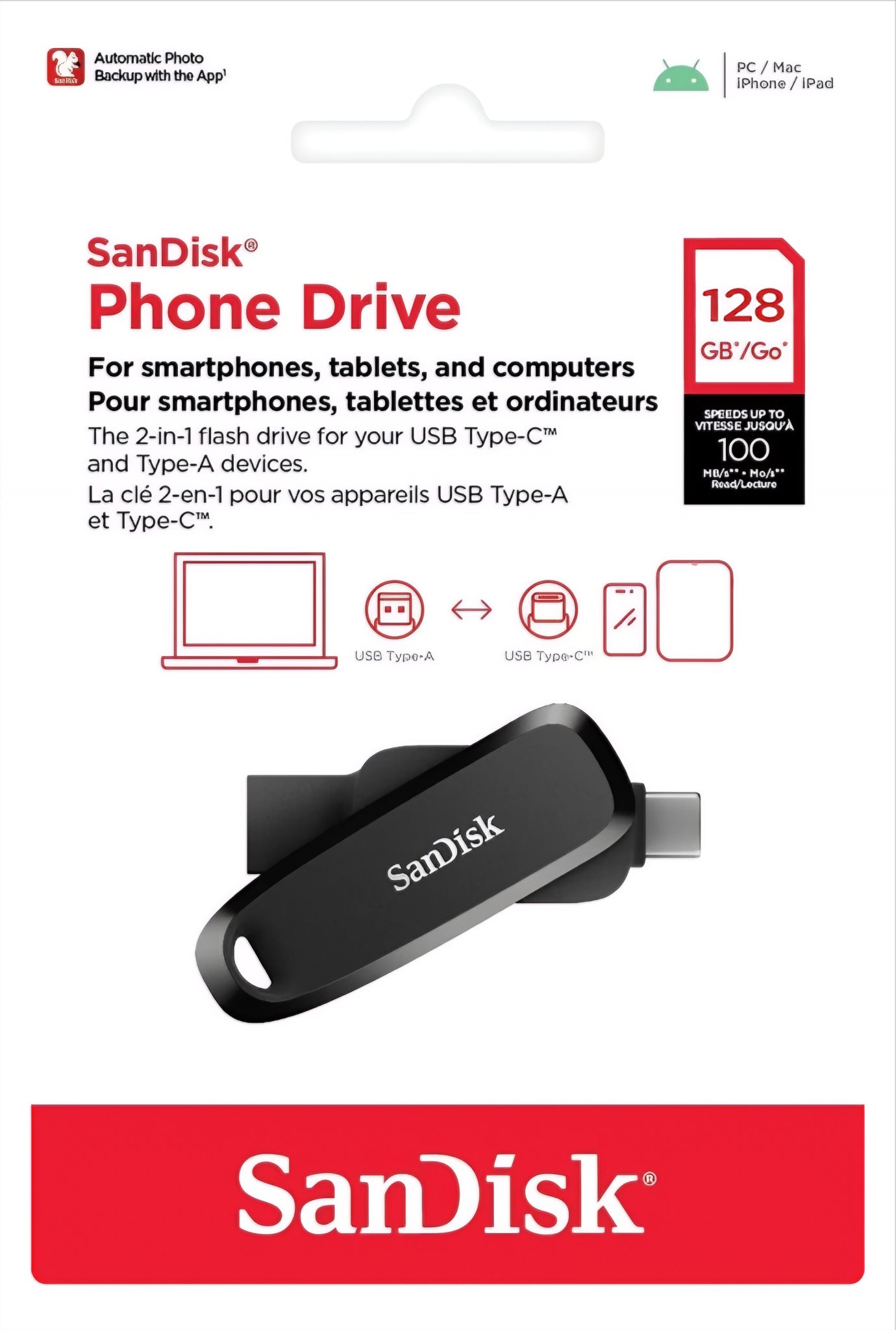 Memorie Externa USB-A 3.2 / USB-C SanDisk Phone Drive, 128Gb SDDDC6-128G-G46