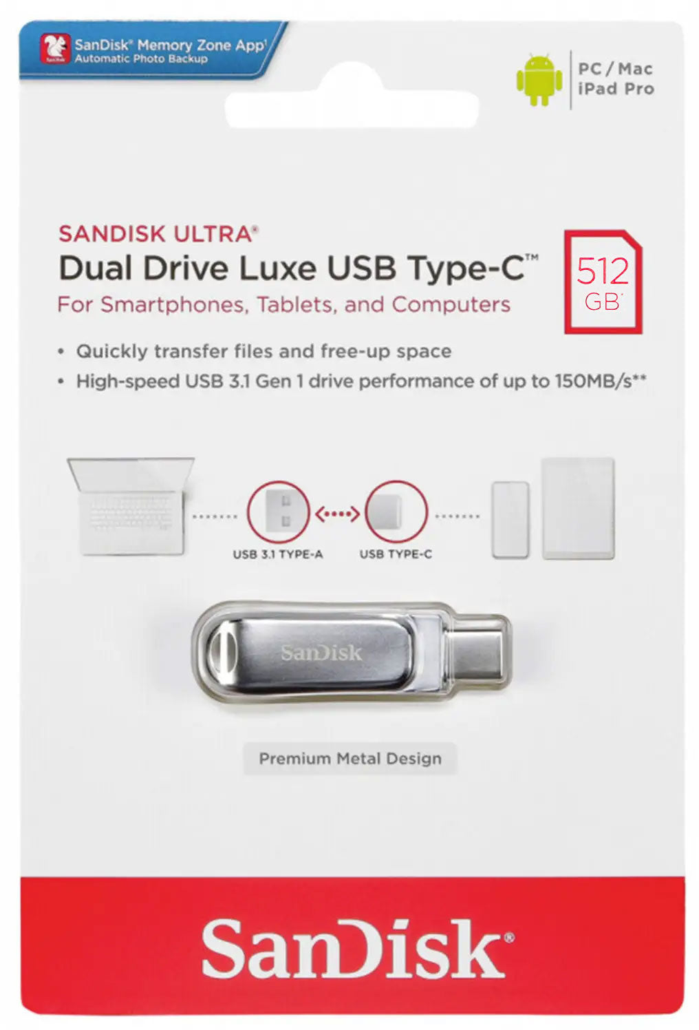 Memorie Externa USB-A 3.2 / USB-C SanDisk Ultra Luxe Dual Drive, 512Gb SDDDC4-512G-G46