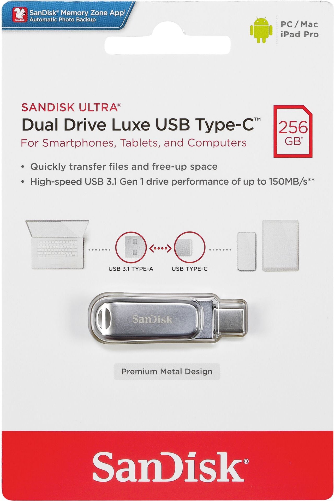 Memorie Externa USB-A 3.2 / USB-C SanDisk Ultra Luxe Dual Drive, 256Gb SDDDC4-256G-G46