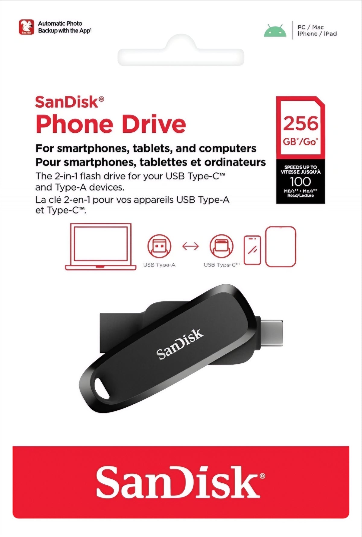 Memorie Externa USB-A 3.2 / USB-C SanDisk Phone Drive, 256Gb SDDDC6-256G-G46