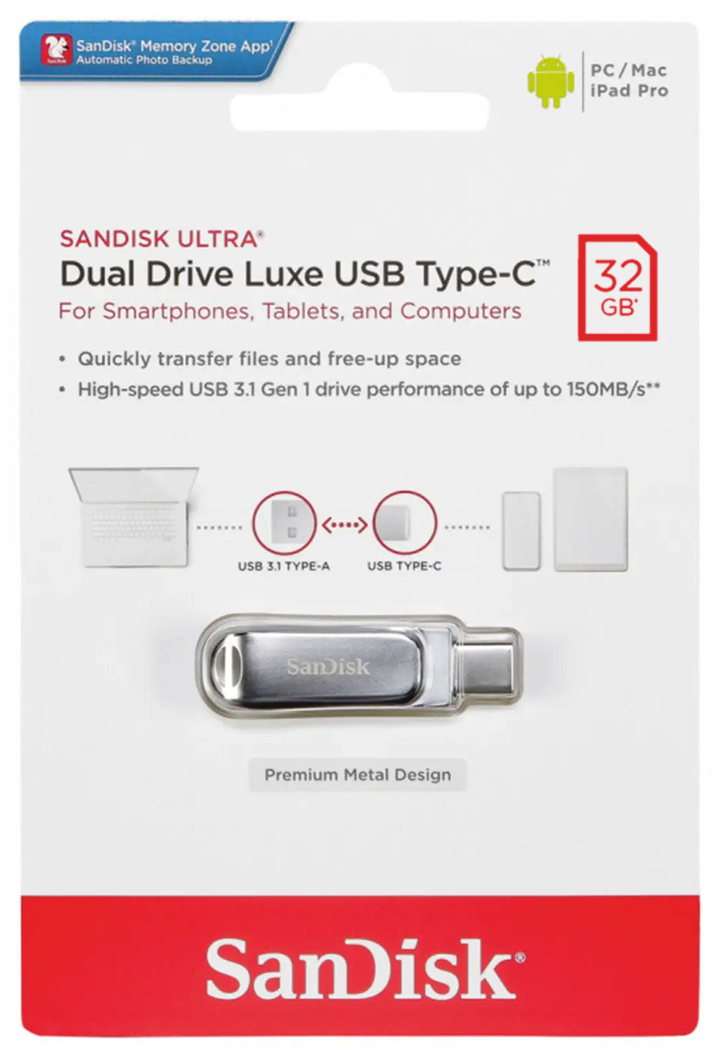 Memorie Externa USB-A 3.2 / USB-C SanDisk Ultra Luxe Dual Drive, 32Gb SDDDC4-032G-G46