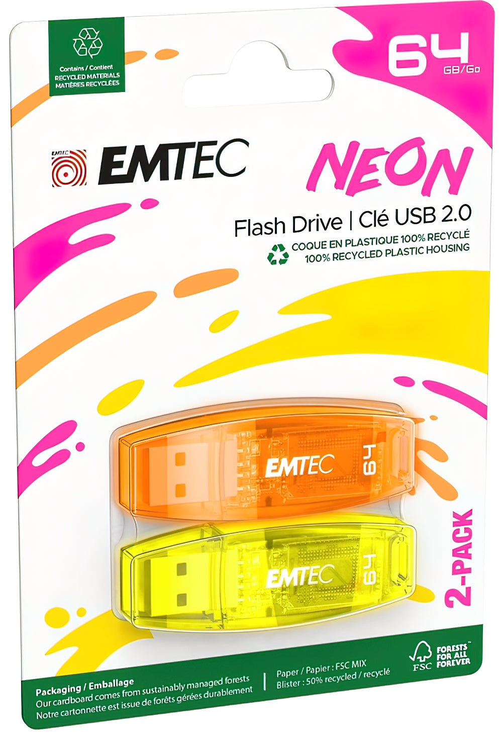Memorie Externa USB-A Emtec C410 Neon, 64Gb, Set 2 bucati ECMMD64GC41