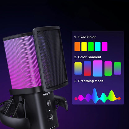 Microfon Cardioid UGREEN  CM581 (65629), RGB, USB-C, 1.5m, Negru