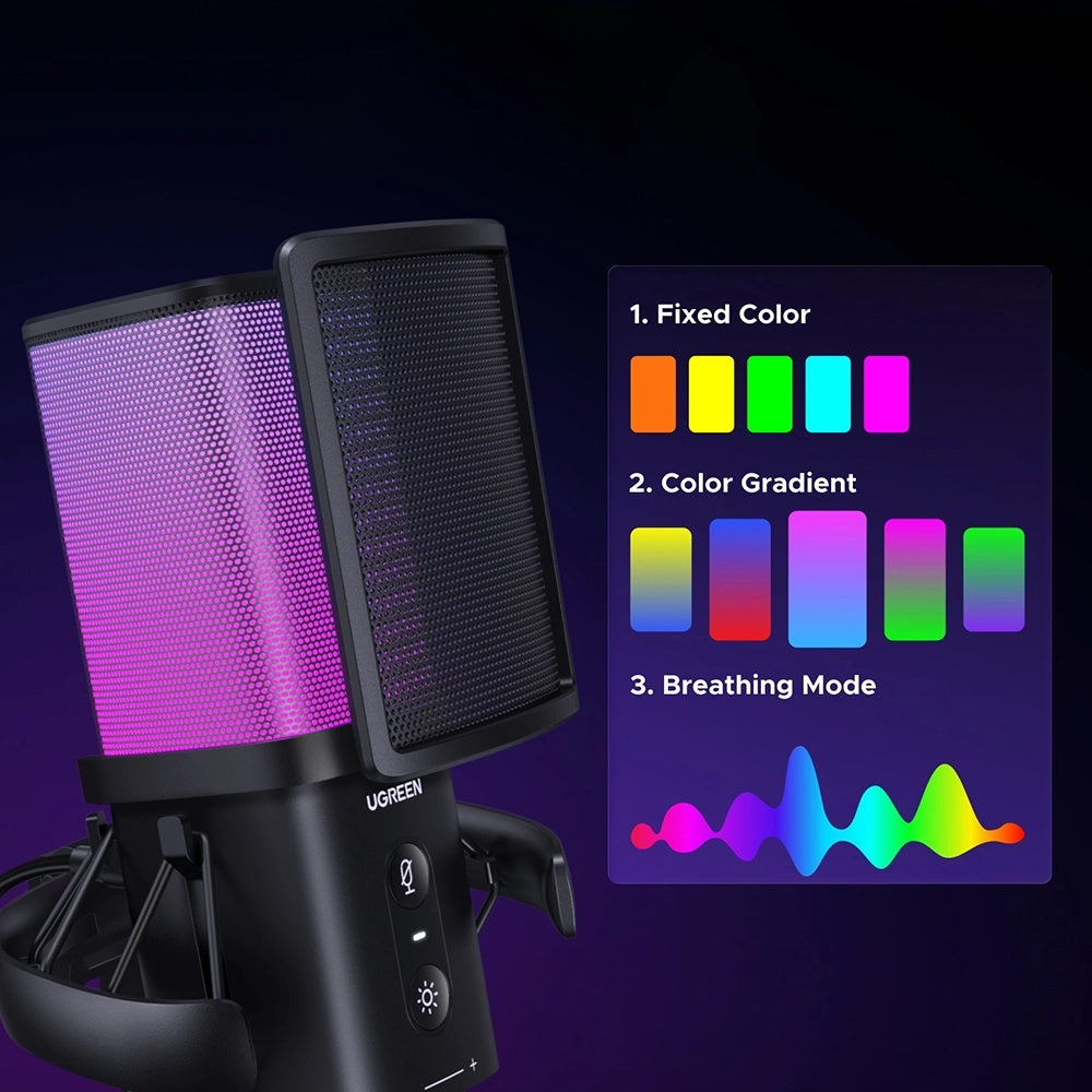 Microfon Cardioid UGREEN  CM581 (65629), RGB, USB-C, 1.5m, Negru