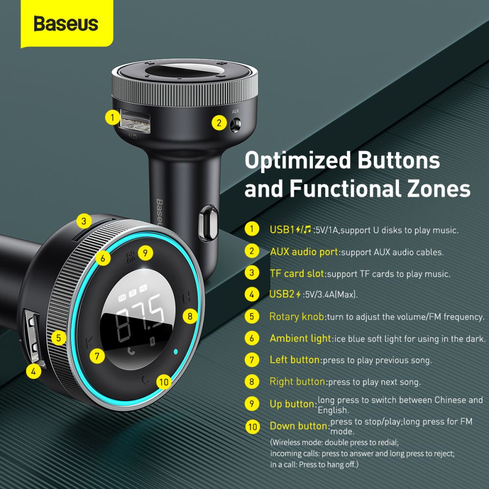 Modulator FM Bluetooth Baseus Enjoy, Mp3 Player, 2 x USB, Negru CCLH-01