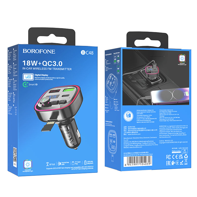 Modulator FM Bluetooth Borofone BC48, 2 x USB-A - 1 x USB-C