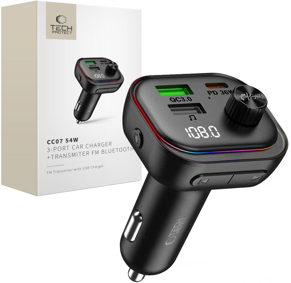 Modulator FM Bluetooth Tech-Protect CC07, 2 x USB-A - 1 x USB-C