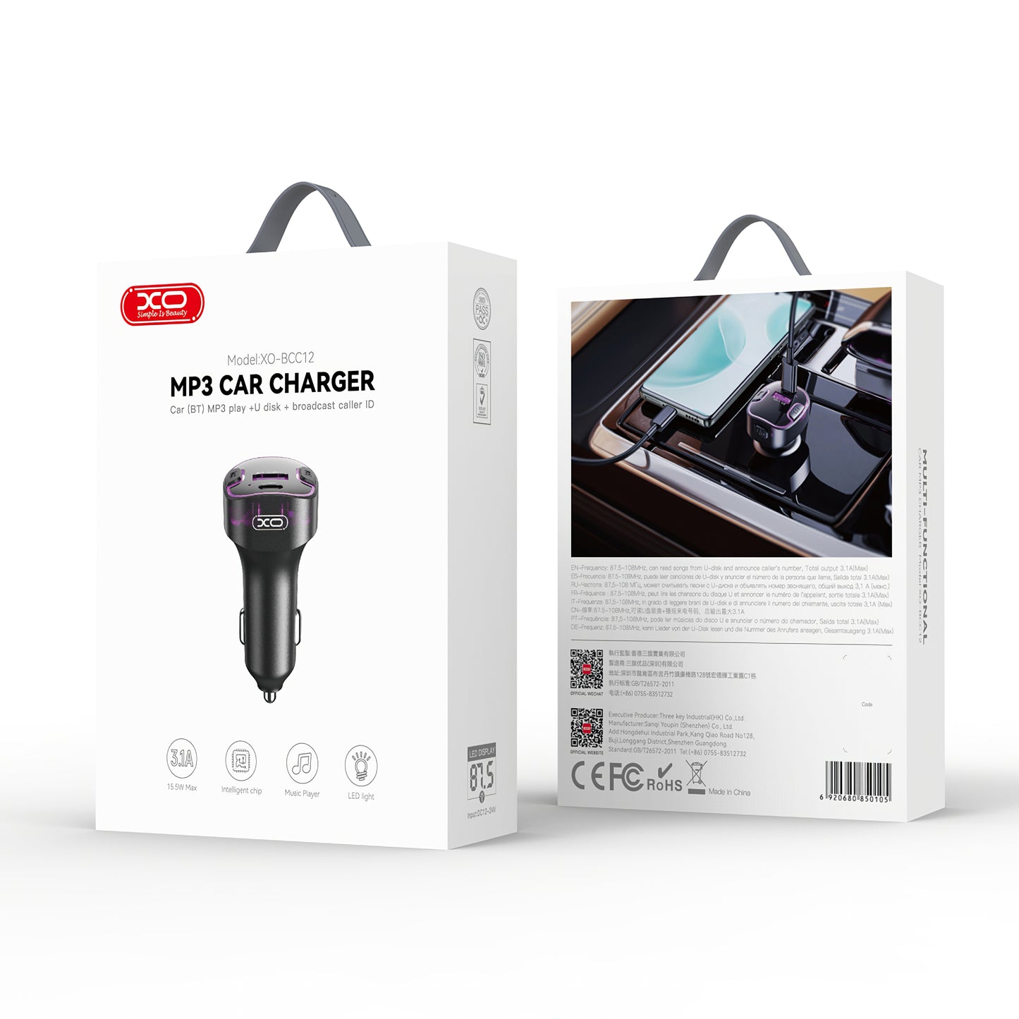 Modulator FM Bluetooth XO Design BCC12, 1 x USB-A - 1 x USB-C