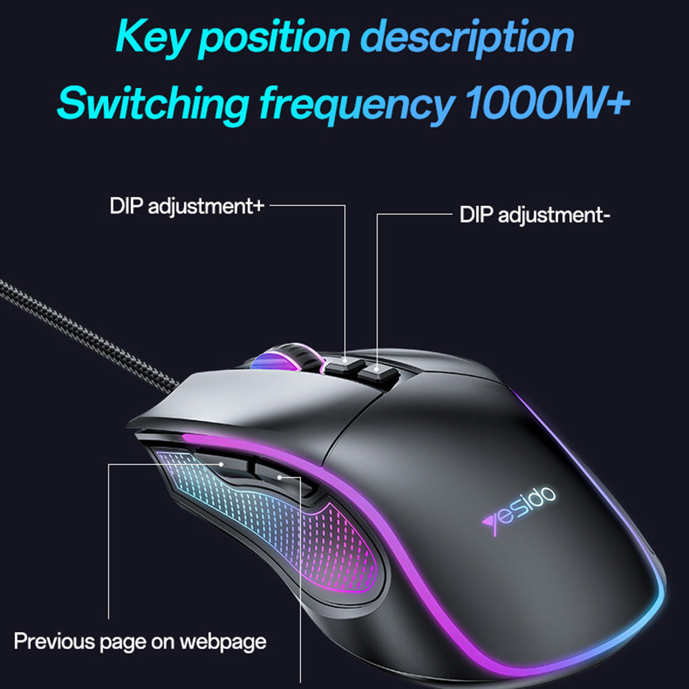 Mouse Gaming Wired USB Yesido KB20, RGB, 1000DPI - 7200DPI, Negru