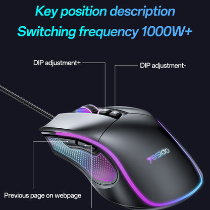 Mouse Gaming Wired USB Yesido KB20, RGB, 1000DPI - 7200DPI, Negru