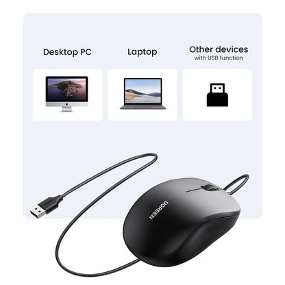 Mouse Wired USB UGREEN MU007, 1200DPI, 1.5m, Negru