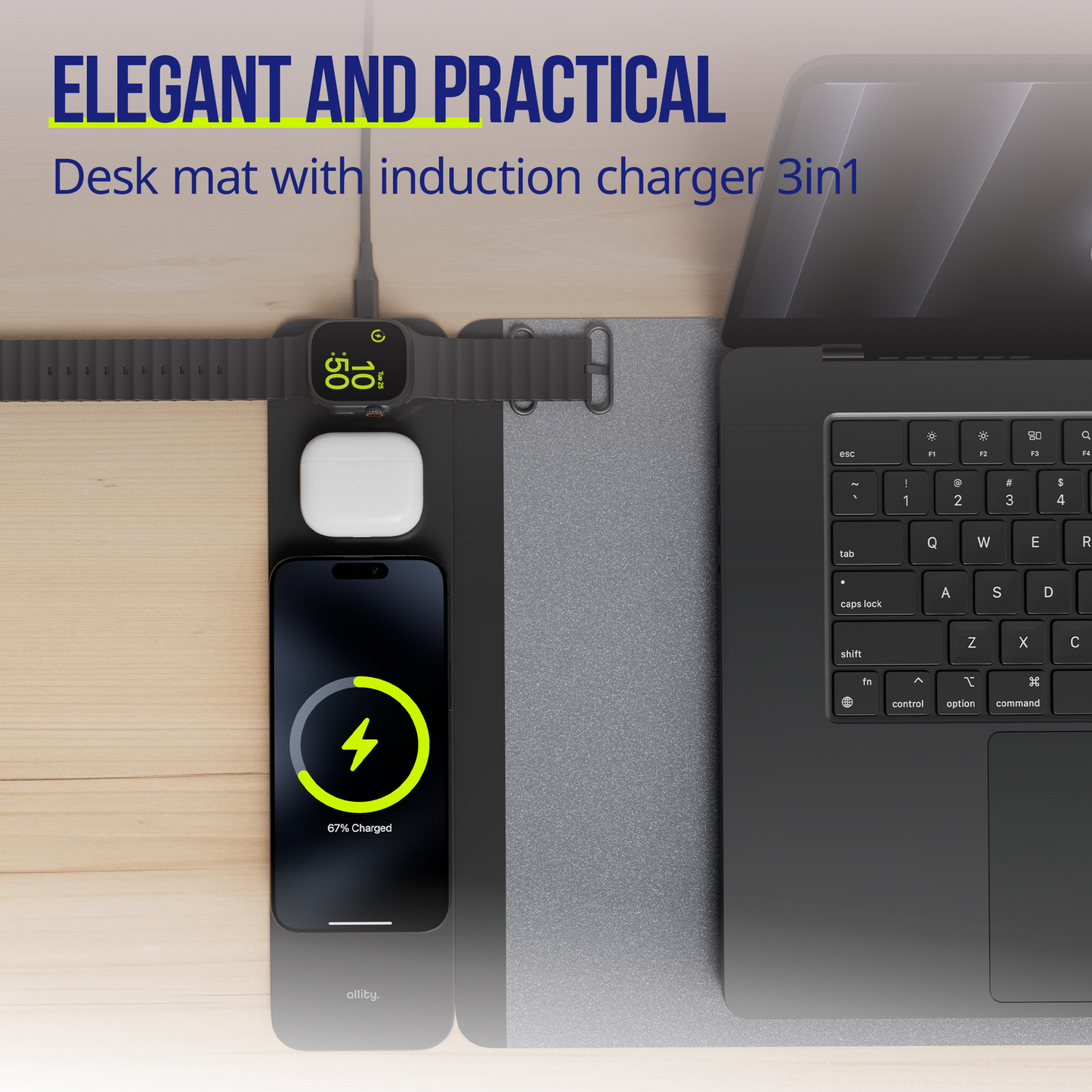 MousePad Allity. ALP-100 4in1 cu Incarcare Wireless Telefon / Ceas / Casti, Negru