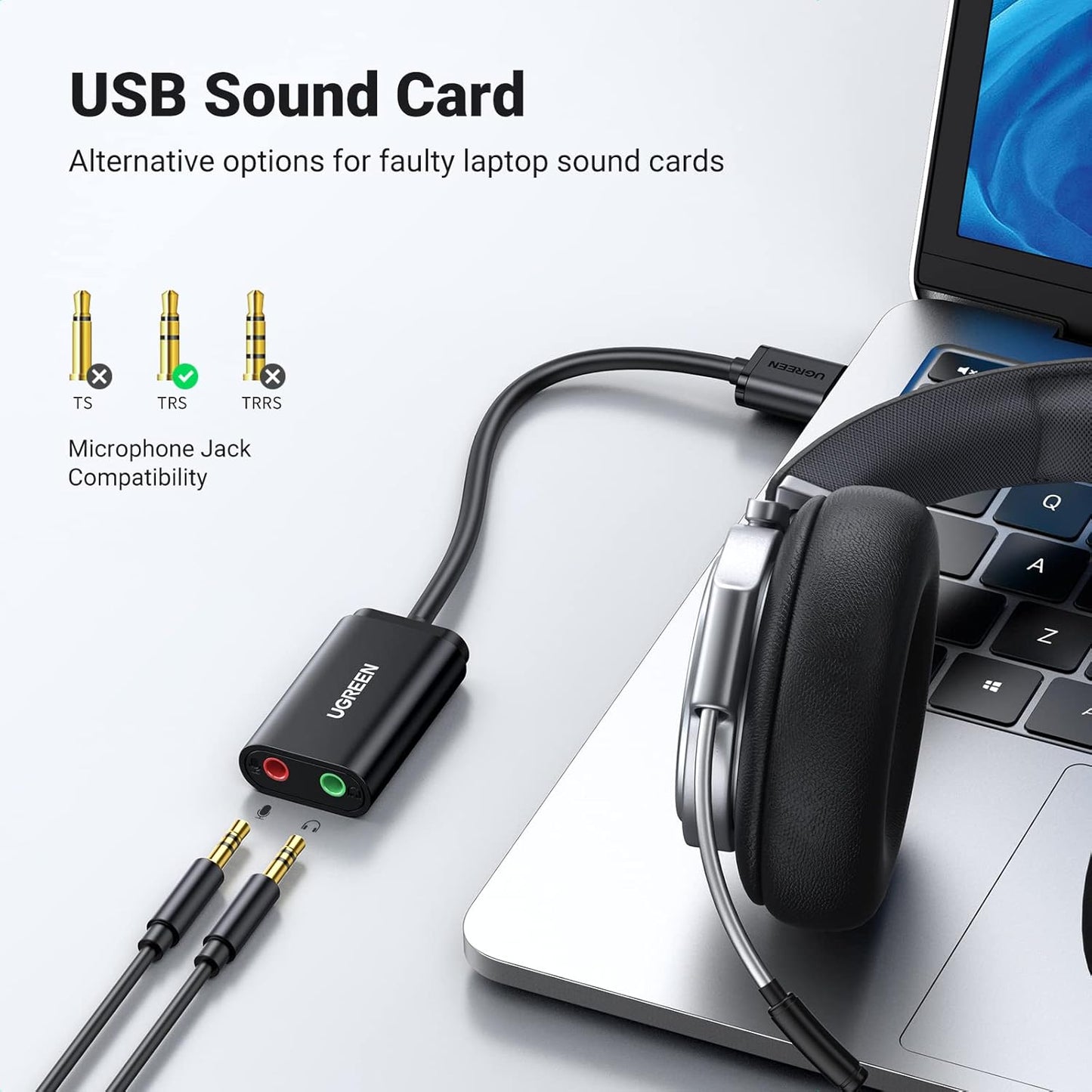 Placa de sunet USB UGREEN US205, 2 x Jack 3.5mm, Negru