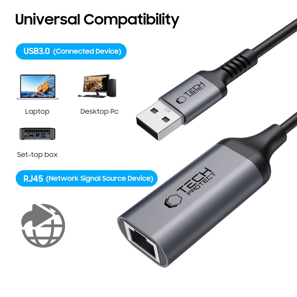Placa Retea Tech-Protect Ultraboost, RJ45, USB 3.0, Negru