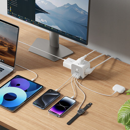 Prelungitor Baseus PowerCombo 7in1, 20W, 3A, 3 x USB-A - 1 x USB-C - 3 x Schuko, Alb E00066401213-00