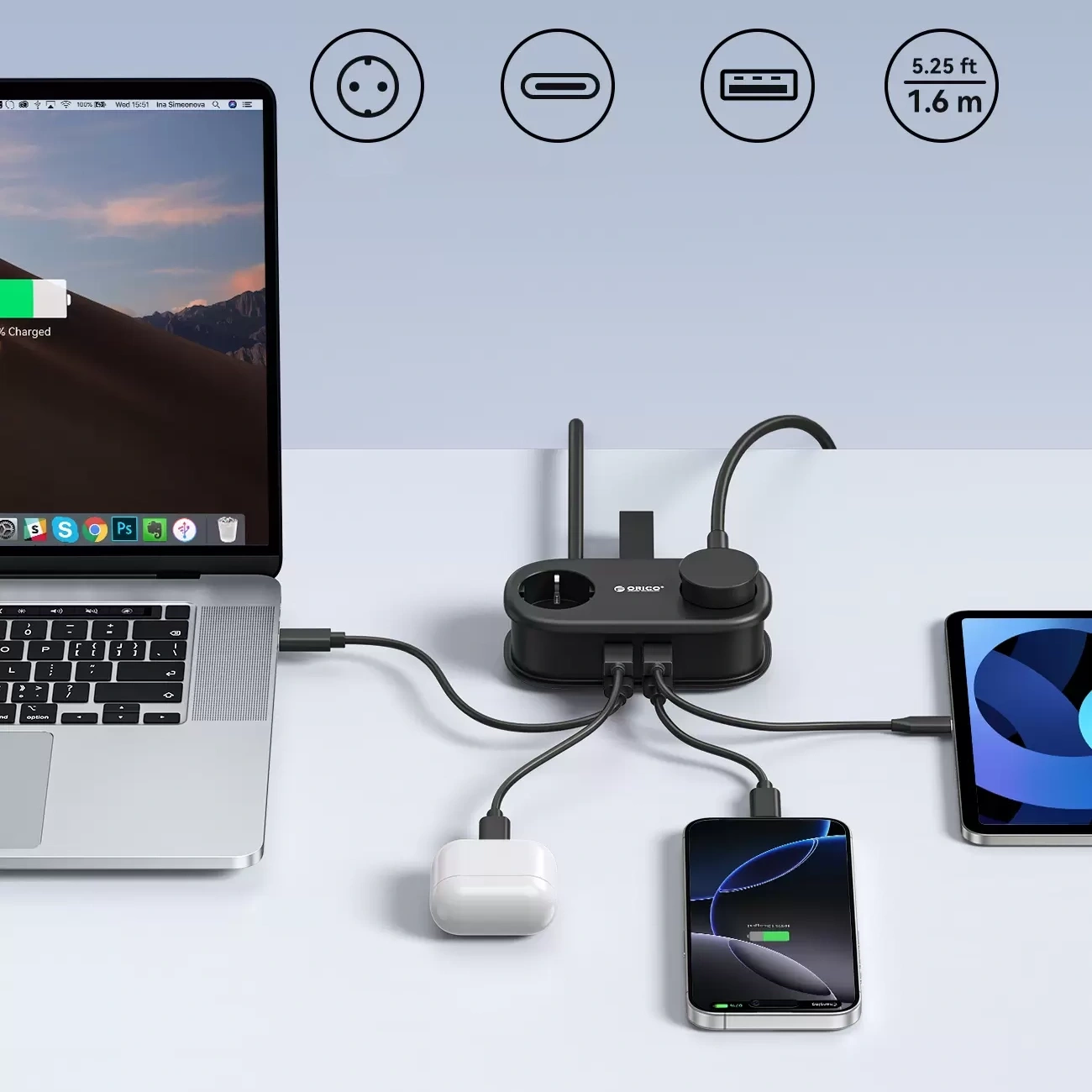 Prelungitor Orico AP3, 2 x Schuko - 2 x USB-A - 2 x USB-C, Negru