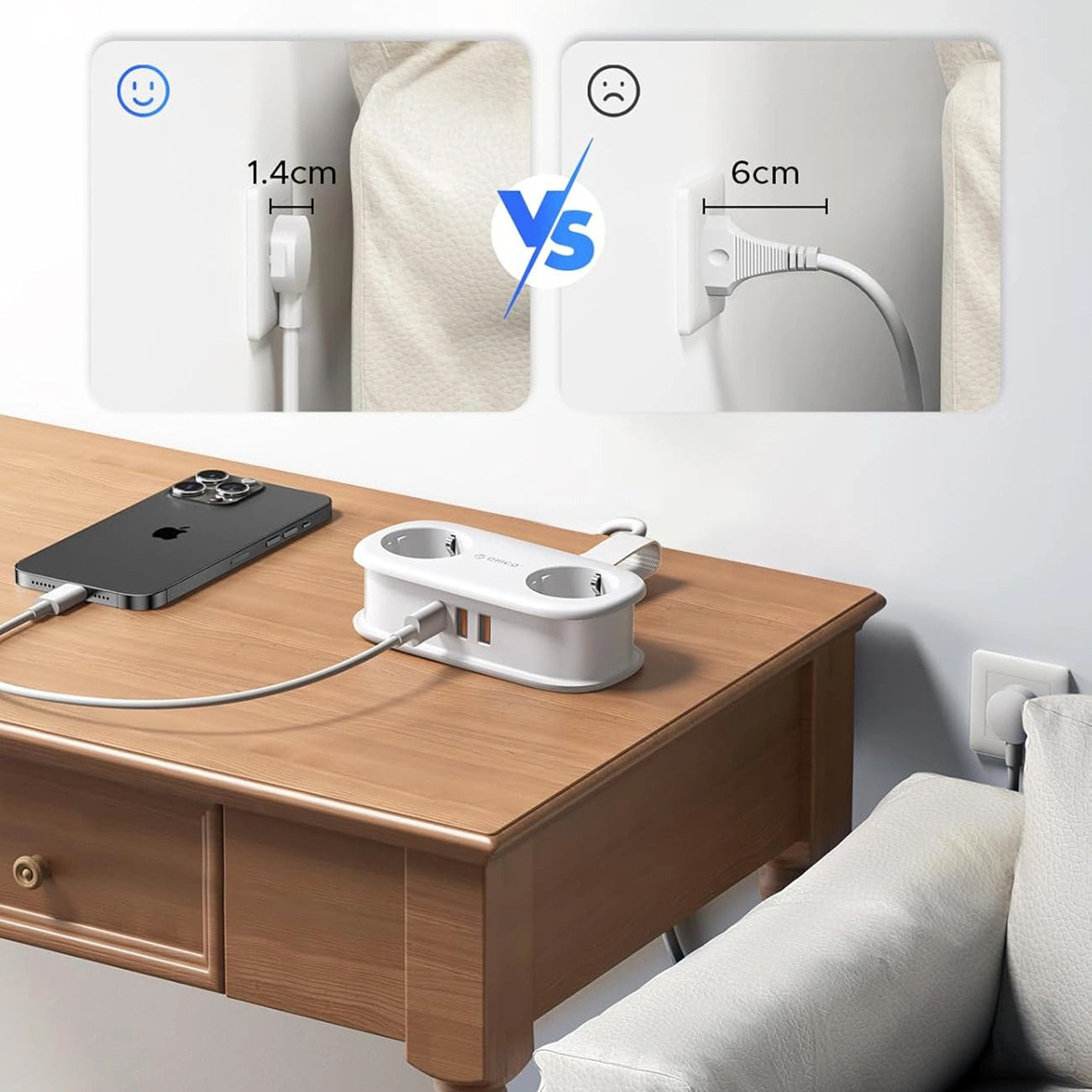 Prelungitor Orico APP, 2 x Schuko - 2 x USB-A - 1 x USB-C, Alb