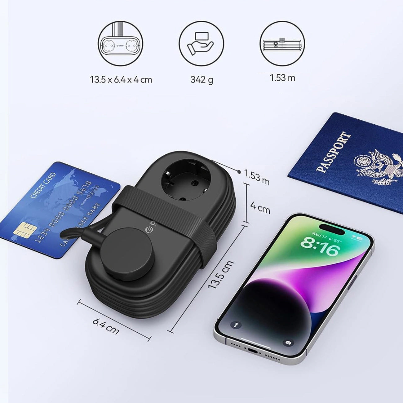 Prelungitor Orico APP, 2 x Schuko - 2 x USB-A - 1 x USB-C, Negru