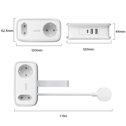 Prelungitor Orico APP, 1 x Schuko - 1 x Priza - 2 x USB-A - 1 x USB-C, Alb Gri