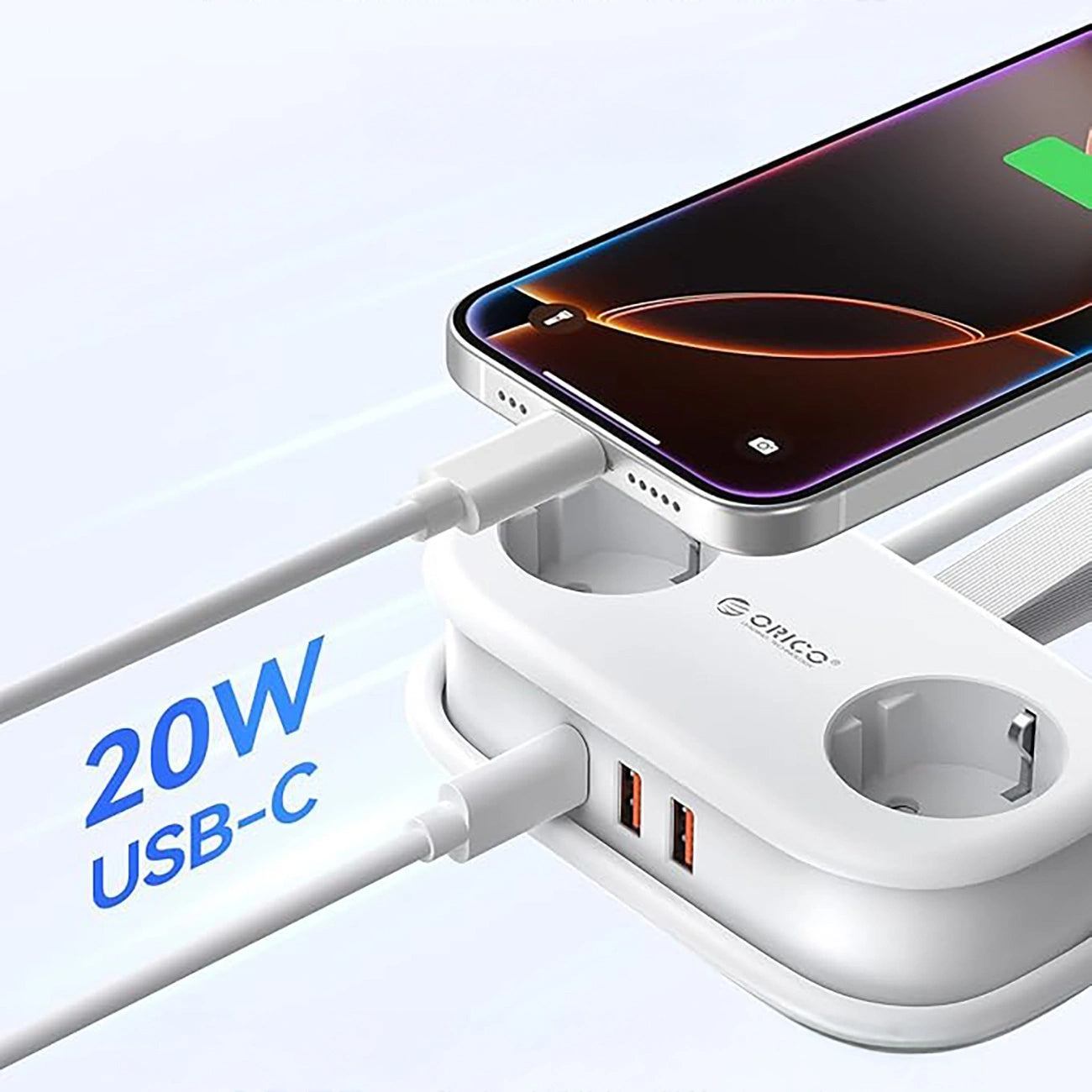 Prelungitor Orico APP, 2 x Schuko - 2 x USB-A - 1 x USB-C, Alb